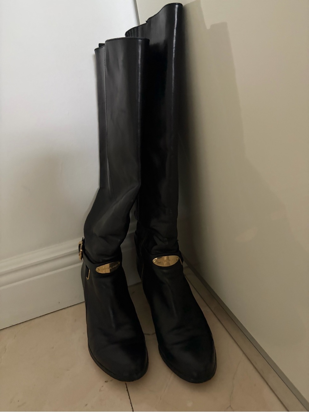Michael kors Black Knee-High Women's Leather Boots with Gold Accent